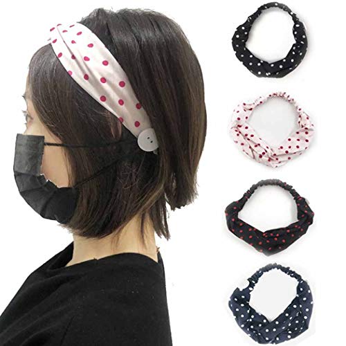 Brishow Button Headband Medical Facemask Holder Wide Head Wrap Cotton Hairband Hair Accessory for Women and Girls Protect Ears (Pack of 4)