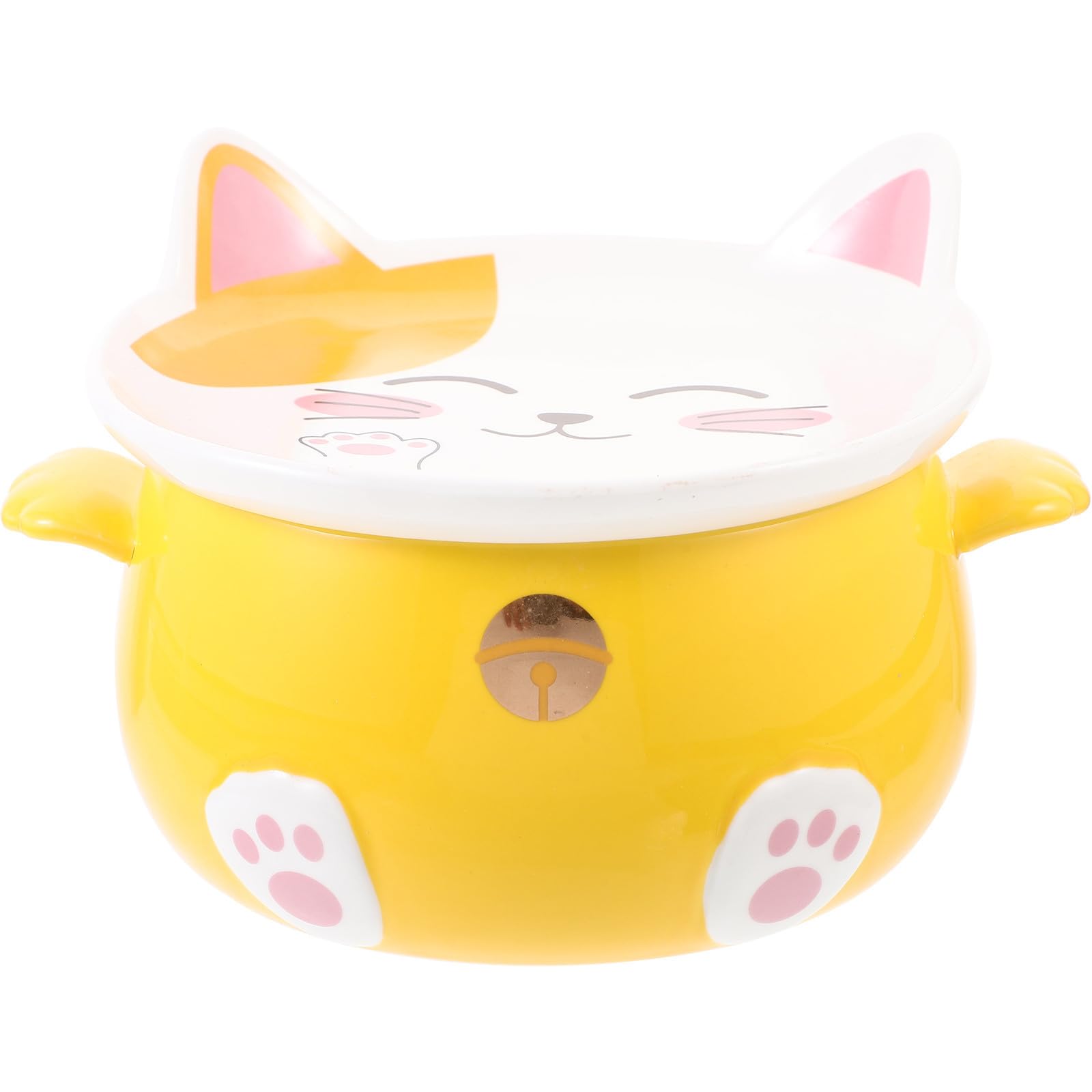 Tazón de Ramen de Gato de Cerámica Tapa, Multiusos para Sopa y Postre, Diseño Amarillo Borde Liso Adecuado para Uso en Casa
