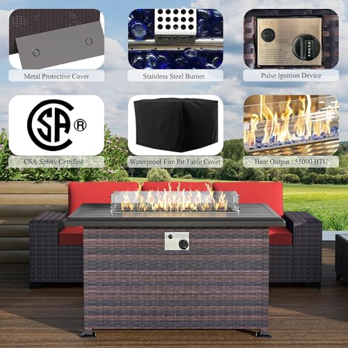Image of 7 PCS Outdoor Patio Furniture Set,Outdoor Sectional Furniture with 43 inch 55000 BTU Gas Propane Fire Pit Table,All Weather PE Rattan Wicker Patio Conversation Set,Red
