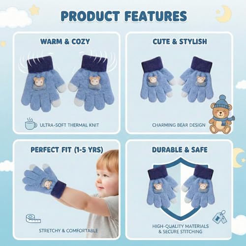 Image of Kraptick Kids Winter Gloves - Ultra-Soft Thick Knit Fuzzy Warm Mittens for Boys & Girls Cute Bear Patch Thermal Hand Warmers for Toddlers & Children -2