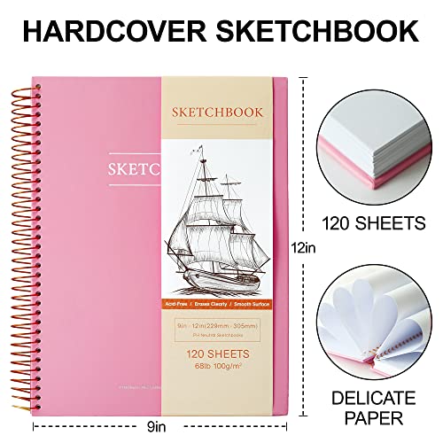 9 X 12 Inches Hardcover Sketchbook For Drawing 120 Sheets Spiral Bound Sketch Pad Premium Art Sketchbook Artistic Drawing Painting Writing Paper(68Lb/100Gsm) For Kids Adults Beginners Artists, Pink #TOP2
