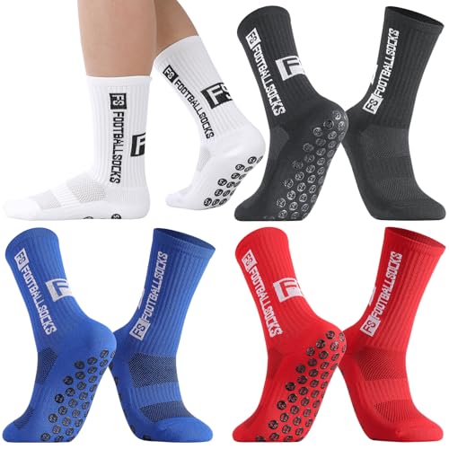 Utensilsto 4 Paare Fußball Socken Jungen 35-39 Grip Socken Fussball Socken Kinder Anti Rutsch Football Socks Rutschfeste Fußball Stutzen Sportsocken für Basketball Laufen Rugby Tennis