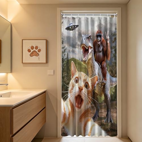 Image of Small Stall Shower Curtain Rv Cat Riding Dinosaur, 36 x 72 Inchs | for Camper Stand Up Shower, Funny Orange Cat Pattern Design, Narrow Bathroom Decor Sets Waterproof Cloth Fabric, with Hooks
