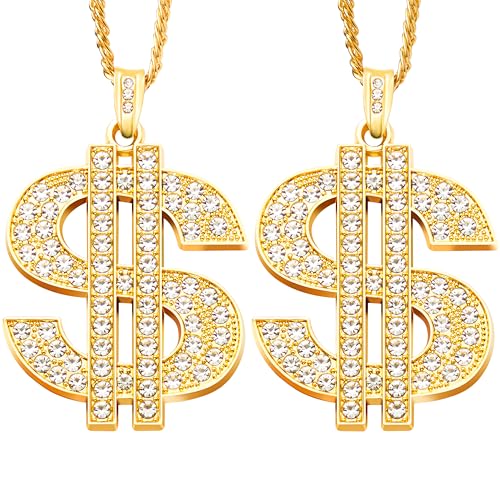 Spooktacular Creations 2 pcs Gold Dollar Chains Necklaces, Money Pendant Chain Hip Hop Dollar Sign Necklace Jewelry Halloween Accessory for Men Women Dress Up Party
