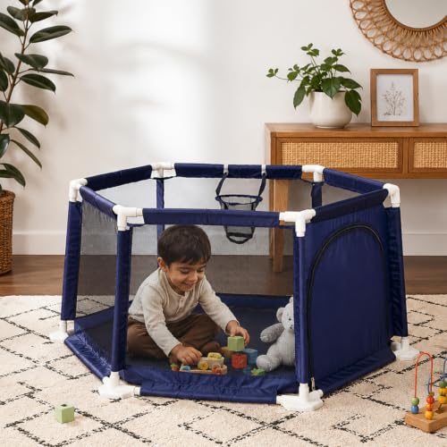 Image of Amazon Brand - Jam & Honey Kids Playpen for Babies & Toddlers | Foldable Baby Ball Pool with Zipper Door & Basketball Hoop | Sturdy Portable Play Area for Kids (Blue, Octagonal)
