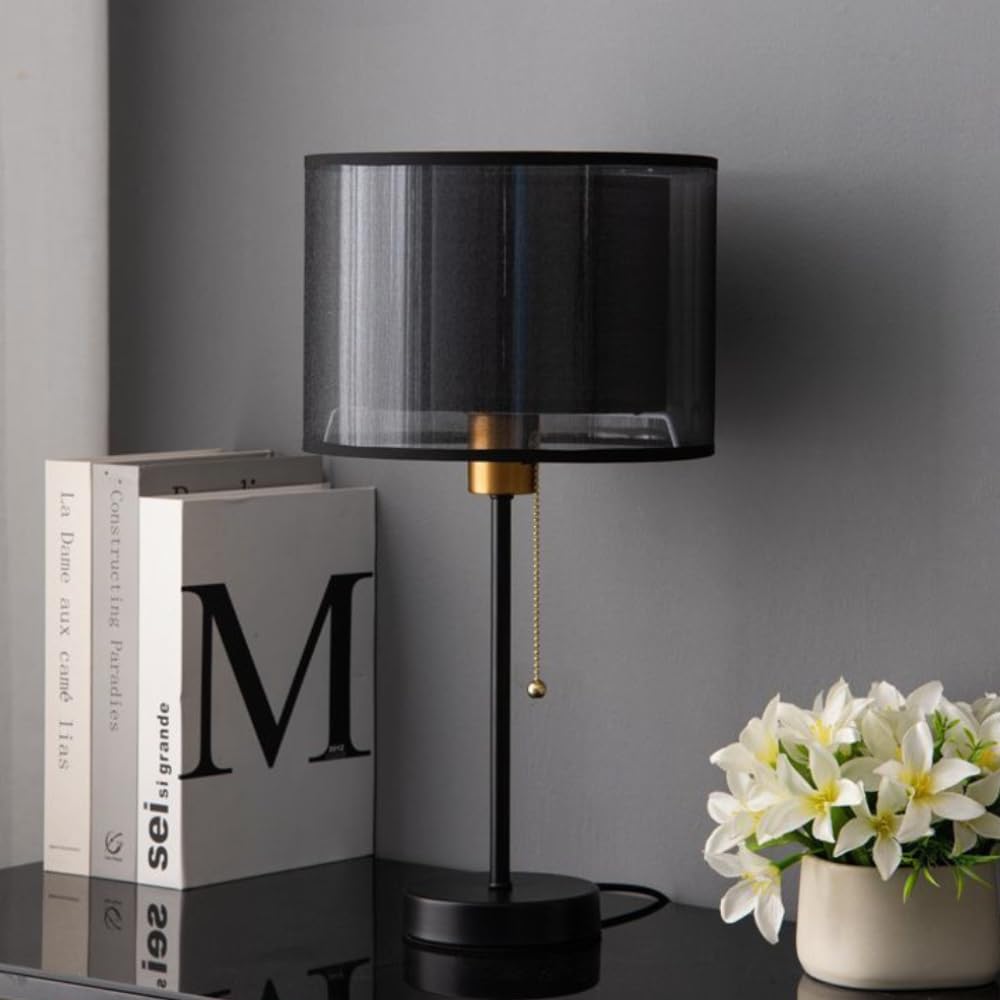 XINYASEE Lampe de table moderne à double abat-jour, lampe de chevet, abat-jour en tissu mesh, interrupteur à fermeture éclair, convient aux chambres, salons et bureaux - luminaires décoratifs(Noir)