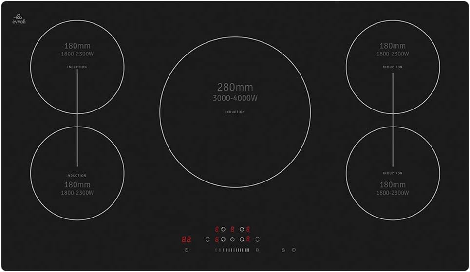 evvoli Built-In Induction Hob, 5 Burners, Soft Touch Control With 9 Stage Power Setting And Safety Switch EVBI-IH905B