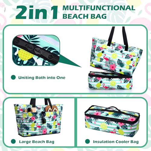 Aliceset Beach Bag with Cooler 49l Large Waterproof Sandproof Beach Tote with Zipper and 9 Pockets Flamingo Summer Pool Bags Wet Compartment Foldable Travel Bags for Women Weekend Vacation Picnic by Aliceset - Used condition - Image 6
