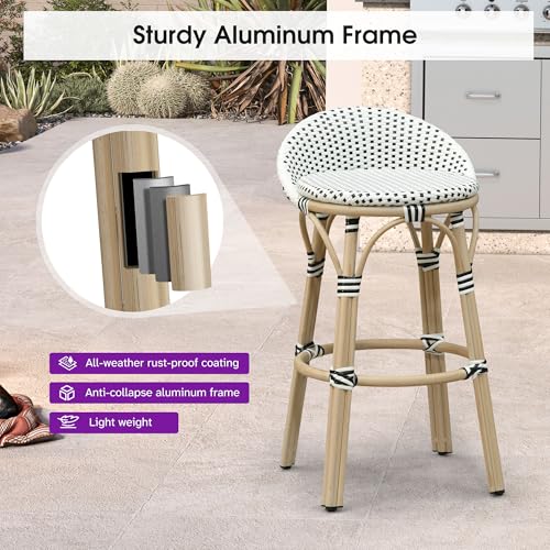 Image of PURPLE LEAF Patio Oversized Backrest Bar Height Stool Set of 1 Outdoor Round Barstools Aluminum Frame in Champagne Finish Woven Rattan for Indoor Kitchen Dining Bistros Cafe Restaurant White