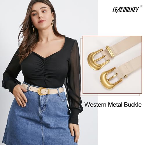 LEACOOLKEY 2 Pack Women's Leather Belts for Jeans Western Belt Ladies Wsit Belt with Gold Buckle 35", Suit waist size 24"-26"2