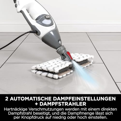 Shark Klik n’ Flip Dampfreiniger, Boden- und Handreiniger, Dampfreiniger für Hartböden, Fliesen, Oberflächen, Wasserhähne und Glas, 5 Zubehörteile, 2 Einstellungen, Grau/Weiß S6005EU