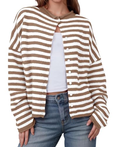 ZILIN Women Striped Cardigan Sweaters Long Sleeve Open Front Button Down Knit Fall Outfit Fashion Clothes