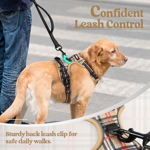 Image of rabbitgoo Dog Harness No Pull with 2 Leash Clips, Adjustable Soft Padded, Reflective Oxford No Choke Pet Vest with Easy Control Handle for Large Dogs, Beige Plaid, L