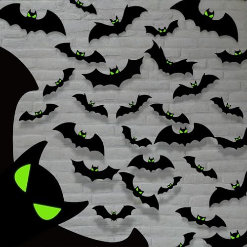 AstraGlam Halloween Deko – 48 Stück 3D Fledermäuse mit leuchtenden Augen für Innen & Außen – Gruselige Plastik Sticker Wandaufkleber...