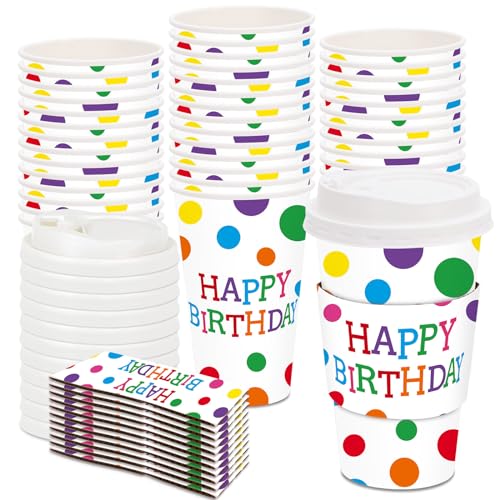 JarThenaAMCS 48 Set Happy Birthday Disposable Coffee Cups with Lids and Sleeves Colorful Dot Paper Cups Paper Drinking Cup for Birthday Party Supplies