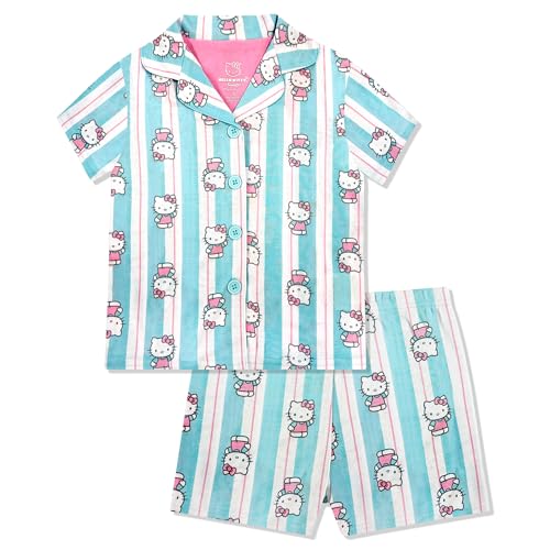 Hello Kitty Girls Pajama Set - 2 Piece Cozy Girls Pjs with Button Down Short Sleeve & Shorts For Kids - Official Product Blue Stripes