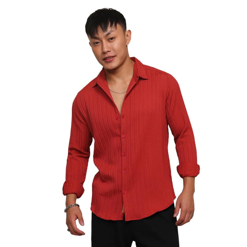 Image of CAHOOT Men's Veined-Textured Shirt | Casual Wear | Spread Collar | Long Sleeve | Button Closure | Shirt Crafted with Comfort Fit for Everyday Wear
