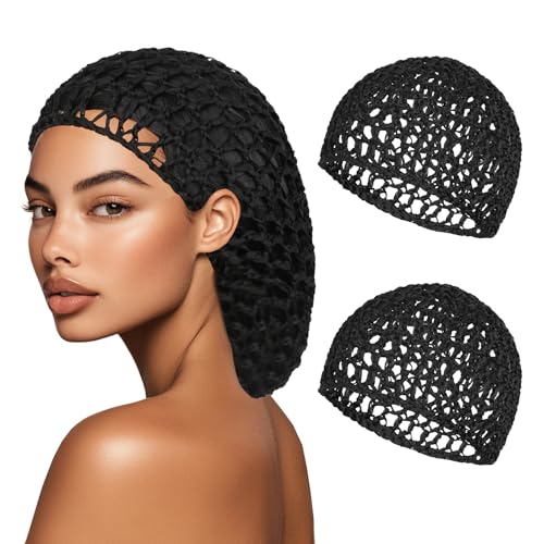 2 PCS Hair Nets for Sleeping Mesh Crochet Hair Wrap Breathable Sleep Cap for Women Reusable Elastic HairnetBlackBlack