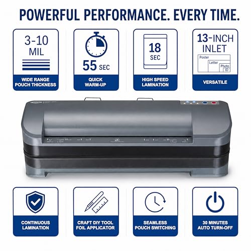 Image of SINCHI 13-Inch Thermal Laminator & Foil Applicator, 3-10 Mil, 4-Roller, 55s Warm-Up, 18 seconds /page, Auto Shutoff, Commercial-Grade Laminating Machine with 10 Pouches for Office, School, Crafts & DIY