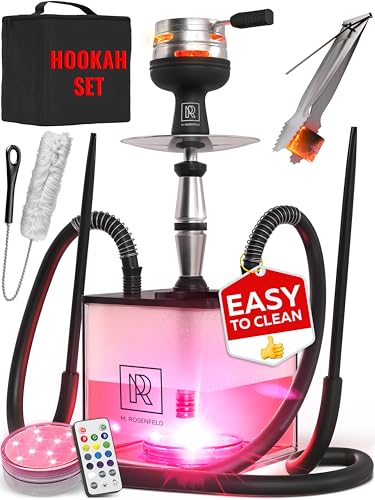 Black Hookah Set with Everything 18 Hookah Set 2 Hose with LED Acrylic Base Easy Setup and Large Cloud Performance Hookah Machine - Premium Hookah 2 Hose for Home & Parties