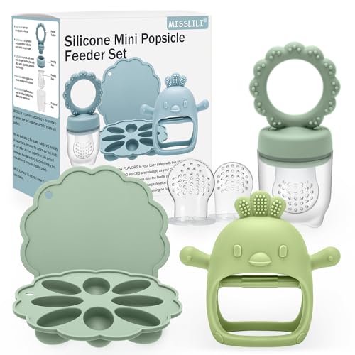 Image of MISSLILI Baby Silicone Fruit Food Feeder Pacifier & Breastmilk Popsicle Freezer Molds,BPA Free Baby Food Storage Containers Frozen Ice Tray for Baby Feeding Safely, Infant Fruit Teething Toy (Green)
