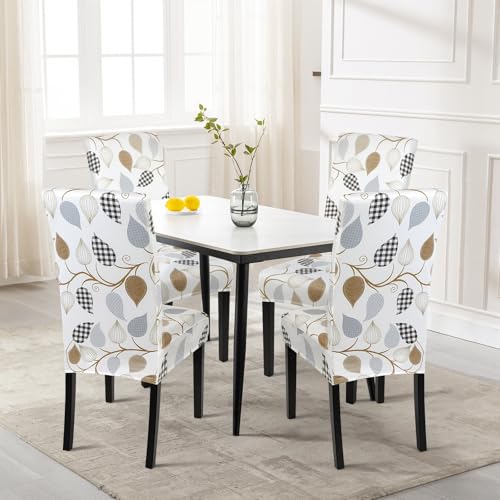Image of SearchI Dining Room Chair Covers Set of 4, Stretch Printed Floral Parsons Chair Slipcovers Removable Washable Kitchen Chair Protector Cover for Dining Room, Hotel, Ceremony (Checked Leaf Pattern)