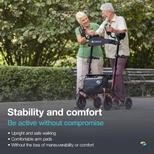 Image of Helavo Upright Walker with Seat, Foldable Stand Up Walker with Rubber Tires