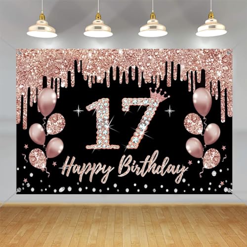 Decoração de aniversário de 17 anos para menina, faixa de pano de fundo de 17 anos, cartaz de tecido de ouro rosa, suprimentos para festa de aniversário 17, sinal de boas-vindas, 150 cm x 90 cm