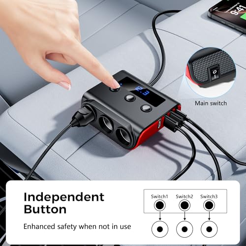 Image of 7 in 1 Cigarette Lighter Splitter, SONRU 3 Sockets Cigarette Lighter Splitter with PD Ports 3 Fast Charging USB Ports, 120W 12V /24V DC Independent Power Switches & LED Voltage Display