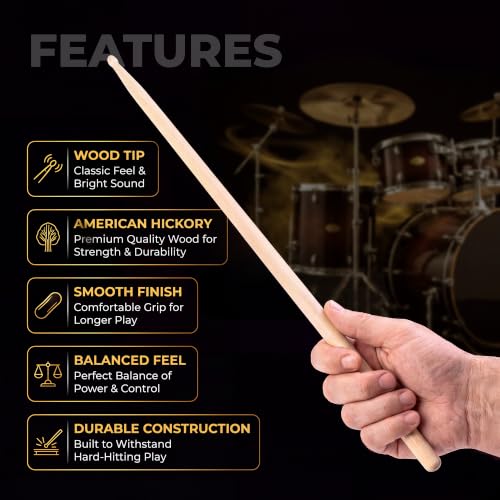 5A Drumsticks – American Hickory – 3 Pair Pack – Durable, Well-Balanced Drum Sticks for Practice, Studio & Live Performance – BEATSTRIKE by BEATSTRIKE - Used condition - Image 7