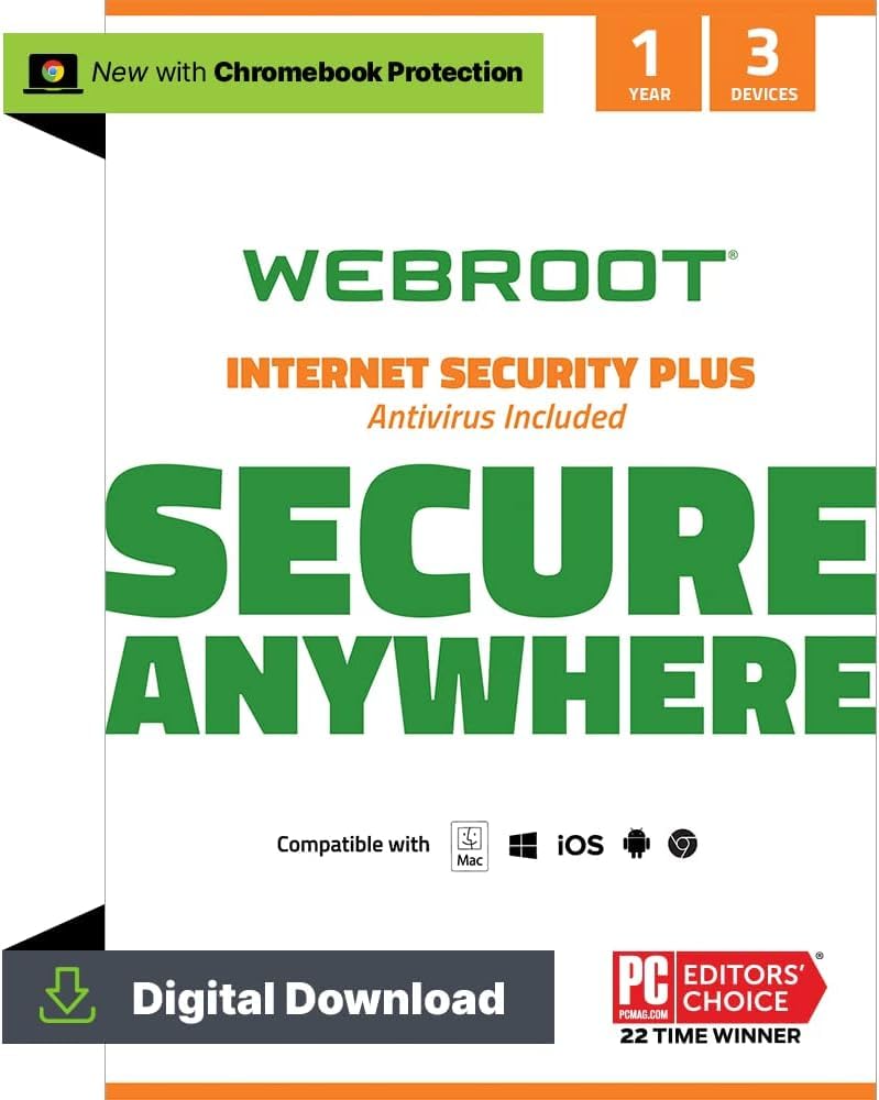 WEBROOT Internet Security Plus 2024 | + Gestor de contraseñas, Smartphone and Tablet | 3 dispositivos | 1 año | Mac/Windows/iOS/Android/Chrome | Código de activación por email