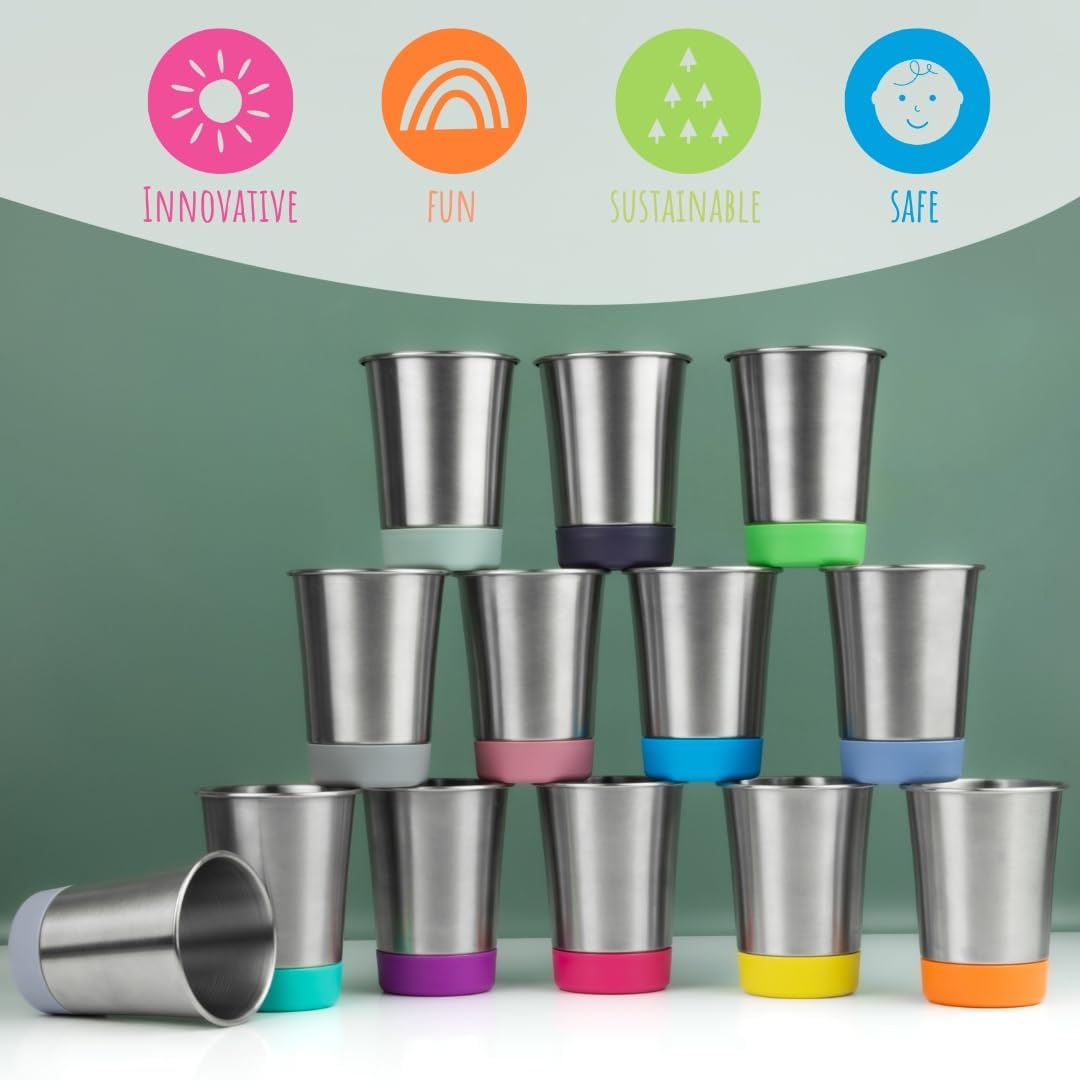 Elk and Friends Stainless Steel Kids + Toddler Drinking Cups | 12oz Tumblers with Colored Base | Durable + Stackable | Travel, Camping + Outdoors | Dishwasher Safe | 4 Pack