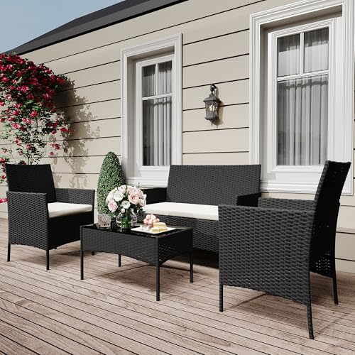 4 Piece Patio Furniture Set, Outdoor Deck Rattan Chair Wicker