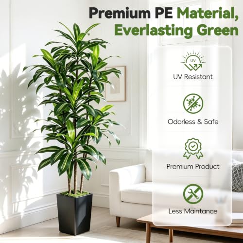 CyanGrove 7FT Artificial Dracaena Tree with Tall Black Planter - Large Fake Tree with Lifelike Leaves - Tall Faux Floor Plants for Indoor Outdoor, Artificial Trees Indoor for Home Office Room Decor by CyanGrove - Used condition - Image 3