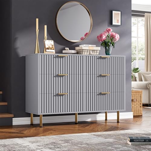 6 Drawer Dresser for Bedroom, Fluted 47.2" Wide Modern Chest of Drawers with Deep Drawers, Long Large Double Dresser TV Stand, Wooden Dresser Organizer for Living Room, Hallway, Kids Room, Grey