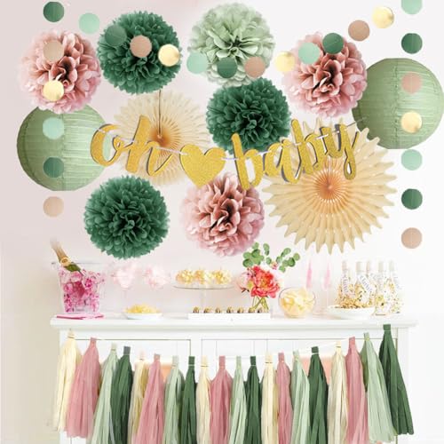 Image of Dusty Pink and Sage Green Baby Shower Decorations Boho Oh Baby Shower Decorations for Girl Dusty Rose and Sage Green Paper Lanterns Pom Poms Beige Fans with Olive Cream Tassel Garland