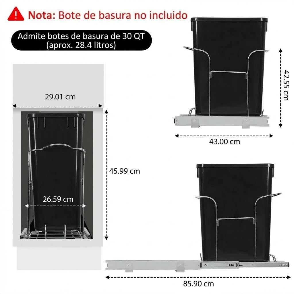 Garvee Cubo De Basura Extraíble Para Armario Bajo Fregadero – Cierre Suave y Guías Resistentes – Kit De Montaje Fácil Para Cocina – Compatible Con Armarios De Mínimo 27x48cm – Capacidad 30L (Sin Cubo)