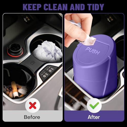 Image of Car Trash Can Bin with Lid - Car Garbage Can Cup Holder - Purple Mini Leakproof Vehicle Garbage Bin with 20pcs Trash Bags-Automotive Organizers and Storage for Front Back Seat Accessories