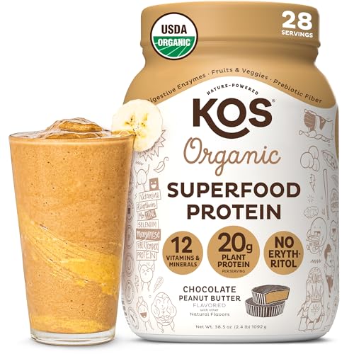 KOS Organic Plant Based Protein Powder Chocolate Peanut Butter - Delicious Vegan Protein Powder Meal Replacement - Keto Friendly Gluten Free Dairy Free & Soy Free - 2.4 lbs 28 Servings