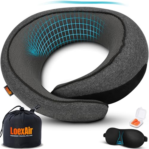 Image of LOEXAIR Travel Pillow, Neck Pillow Travel for Airplane, Car - 100% Cotton Fabric & Memory Foam Plane Pillow, Lightweight & Easy-to-Carry on Flight, Full Travel Set (Eye Mask, Earplugs) - Dark Grey