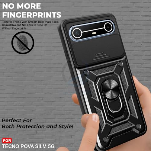 Image of AESTMO Tough Armor Tecno Pova Slim 5G Bumper Back Case Cover | Ring Holder & Sliding Camera Shield Cover | 360 Degree Protection Back Case Cover for Tecno Pova Slim 5G (Black)