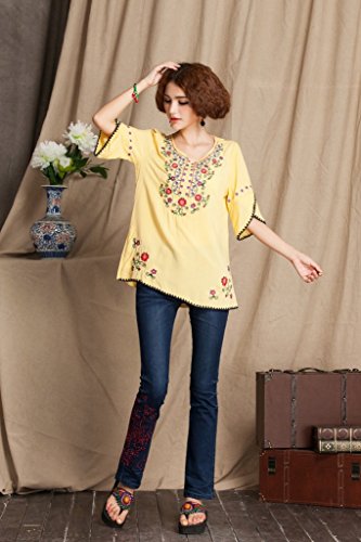 Image of Mexican Shirts Peasant Blouses Cotton Embroidered 3 /4 Sleeve Bohemian Tops Boho Clothes for Women Summer Fiesta