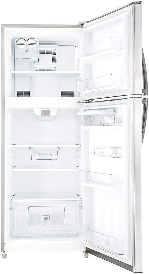 Interior view of the Mabe RME360FZMRX0 refrigerator showing shelves, drawers, and door bins.