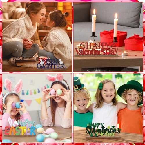 12 Pcs Interchangeable Seasonal Decor Holiday Sign Wooden Desk Table Decor for Office Home Rustic Farmhouse Multiple Holiday Sign with Wooden Base Tiered Tray Tabletop Mantel Valentine Welcome Signs - Thumbnail 4