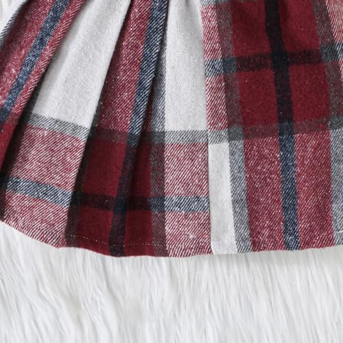 Image of Toddler Girls Christmas Outfits Girls Puff Sleeve Knit Ribbed Tops Button Down Vest Plaid Skirt Set Winter Clothes