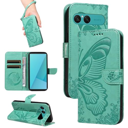 Étui Sony Xperia 5 IV vert à rabat avec motif papillon et portefeuille