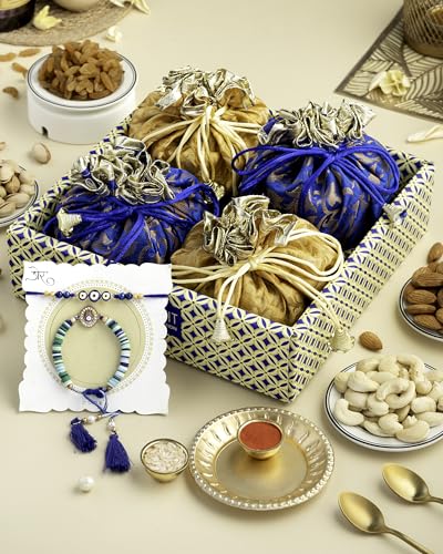 Image of HyperFoods Bhai Dooj Tikka for Brother Rawfruit's Handcrafted Potli Blue with Thali Pack of 4 Almond Cashew Pistachios 495 Gr Dry Fruit Gift BhaiDooj Tika BhaiDooj Diwali Hamper Gifts Diwali Gift
