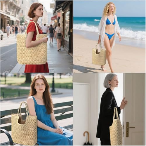 Bolsa de playa grande de paja tejida para mujer miniatura 2