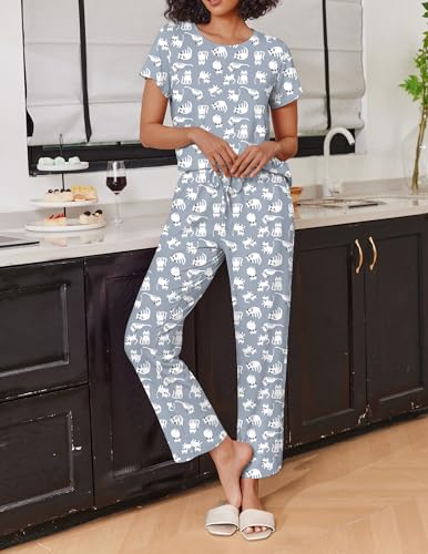 Image of Ekouaer 2 Pack Pajamas for Women Set Short Sleeve Sleepwear Top and Pants Pjs Soft Printed Lounge Sets with Pockets