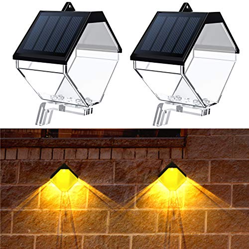 PANMO Solar Wall Lights Outdoor, Fence Deck Lights Wall Mount LED Lamp, Warm/RGB Color Changing Solar Powered Decorative Lighting for Garden Wood Fence Post Patio Porch, IP65 Waterproof 2 Pack